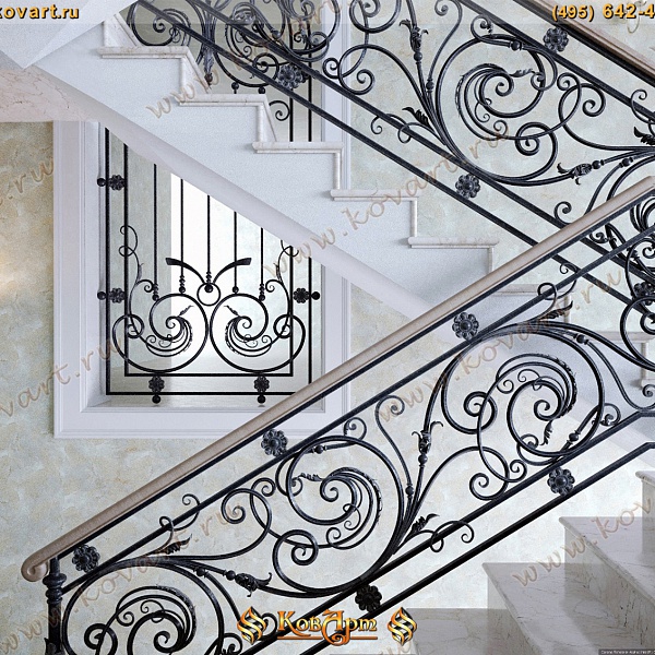 Мраморная лестница с узорчатыми коваными перилами Код: ЛП-025/64