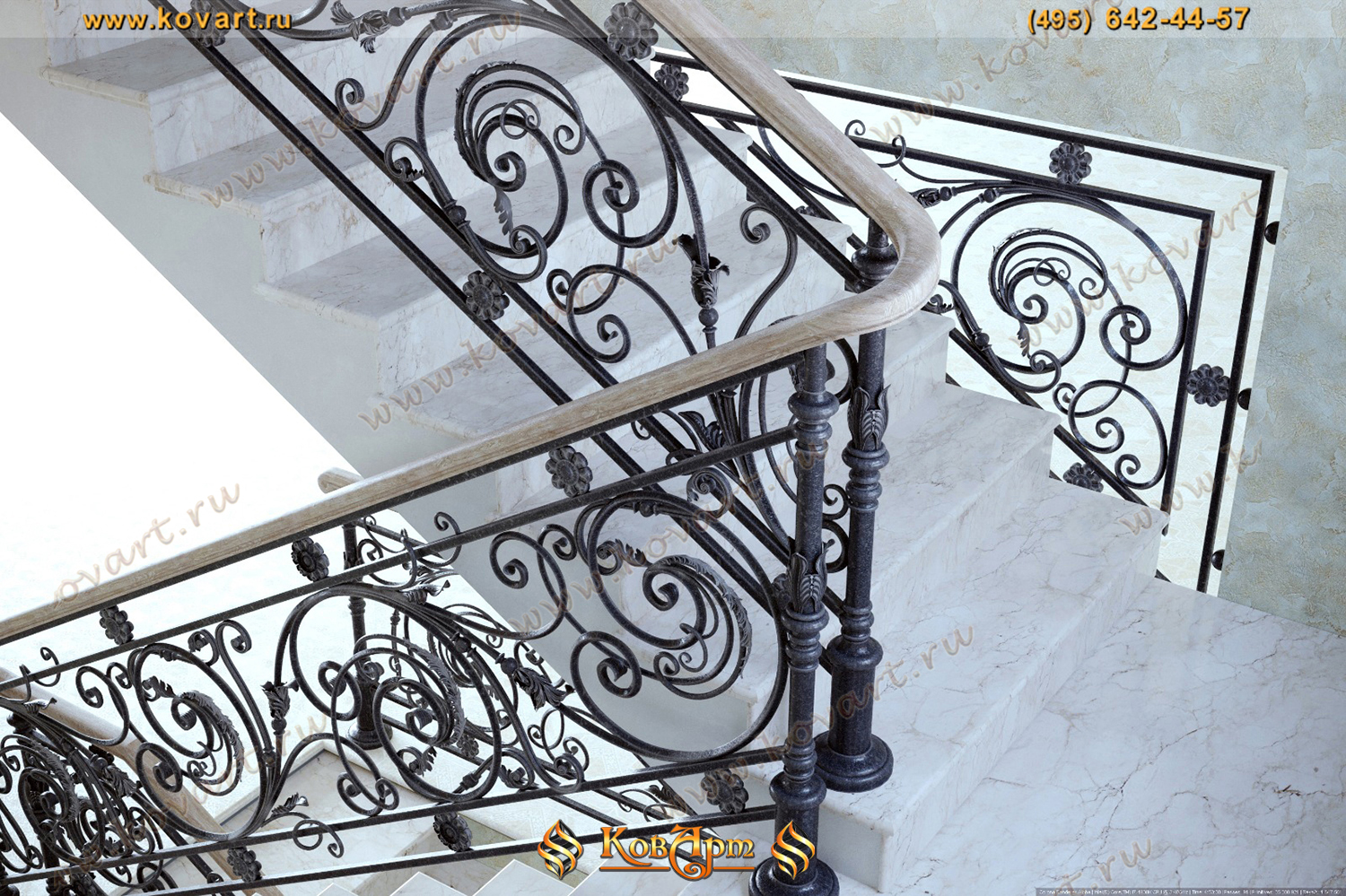 Мраморная лестница с узорчатыми коваными перилами Код: КЛ-53/63